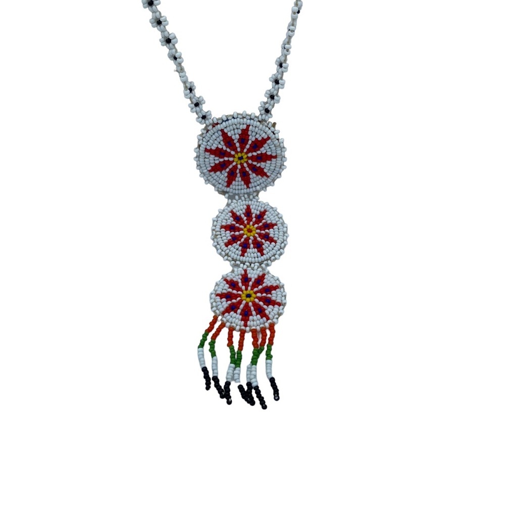 Vtg Native American Seed Beed Necklace With Star Triple Medallions handmade